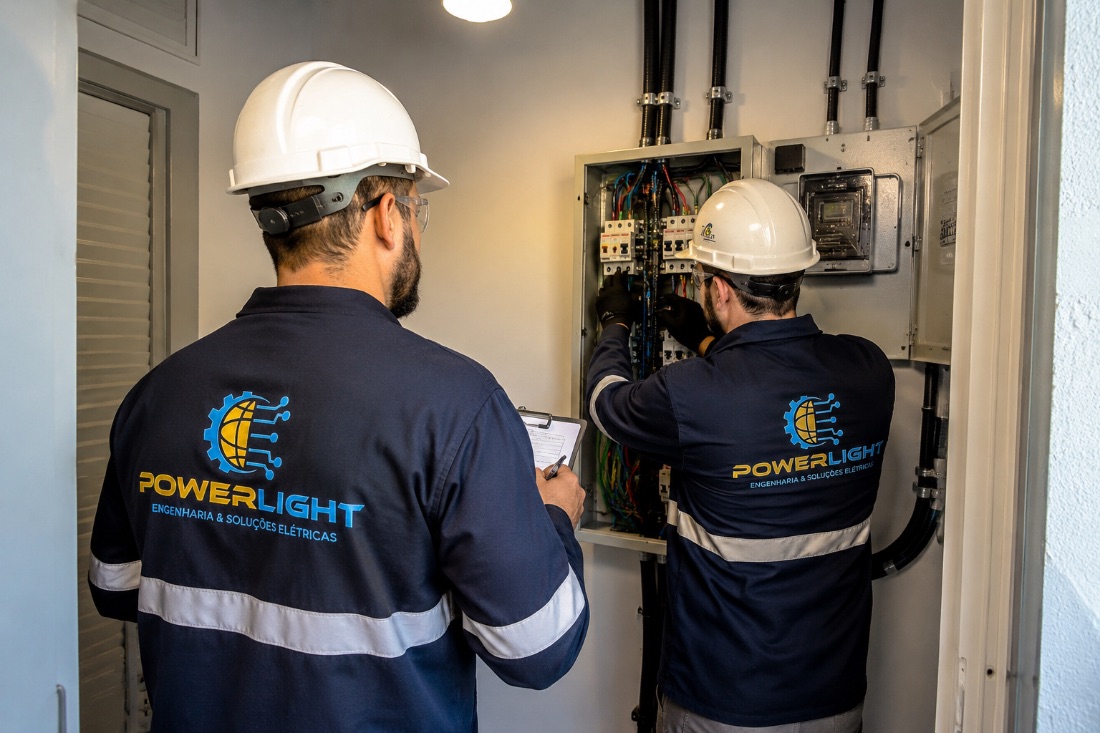 Eletricistas da Powerlight fazendo manutenção em quadro elétrico